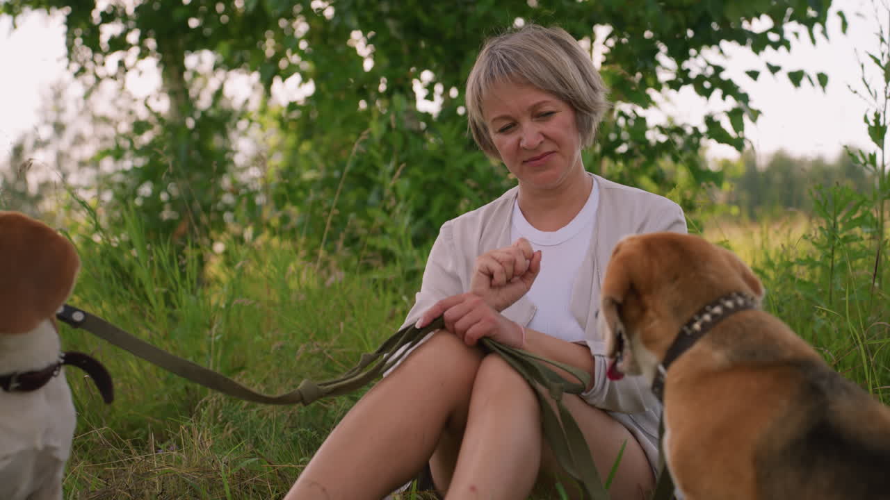 애완동물 애호가 잔디에 앉아있는 야외에서 강아지와 함께 줄을 잡고, 왼쪽에 있는 강아지에 초점을 맞추고, 두 번째 강아지는 멀리, 배경에 나무와 함께 편안한 환경을 바라보고 있습니다.