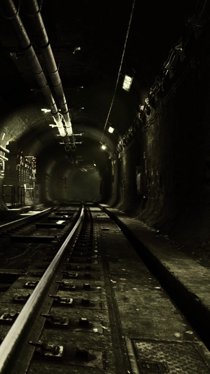 Railway tunnel with tracks and dim lighting in underground setting