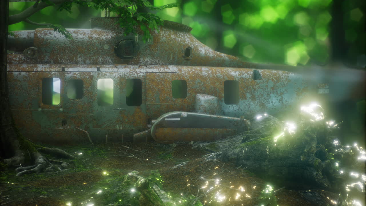 Forgotten helicopter rests among vibrant greenery in enchanted forest
