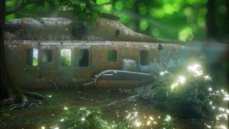 forgotten helicopter rests among vibrant greenery in enchanted forest