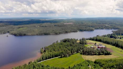 panoramic aerial view of a finnish lake and islands and countryside on a beautiful summer day