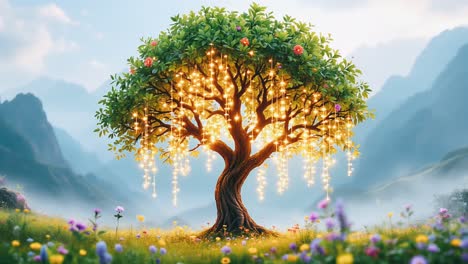 illuminated tree in a mountain meadow