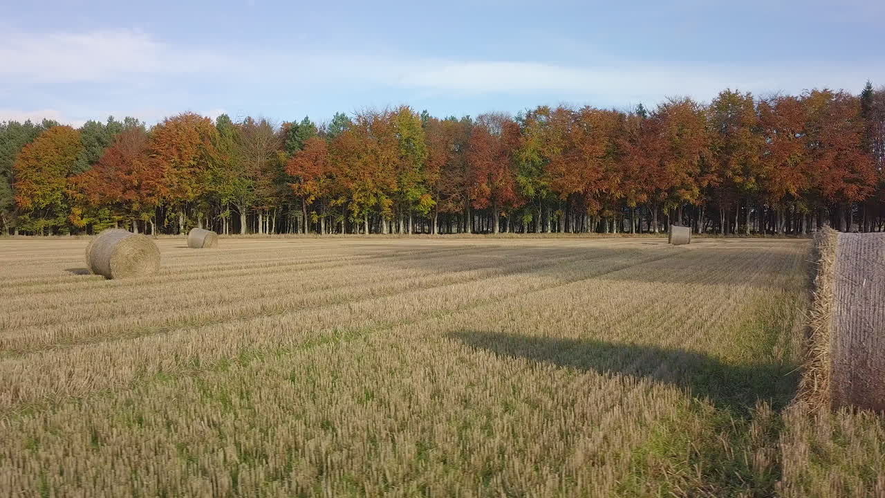 imágenes aéreas de haybales en tierras de cultivo en otoño, aberdeenshire, escocia