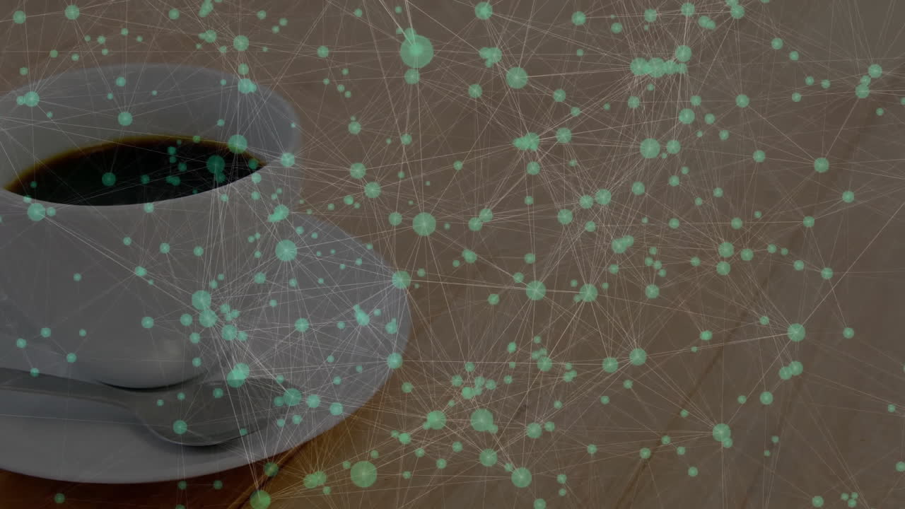 White ceramic coffee cup being visualized in AR scene, displaying mint?green data nodes projecting