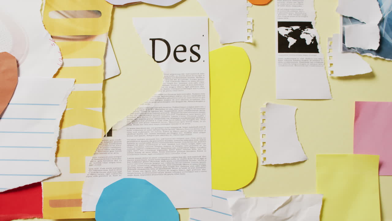 노란색 배경에 종이와 신문 조각의 콜라지의 클로즈업 비디오