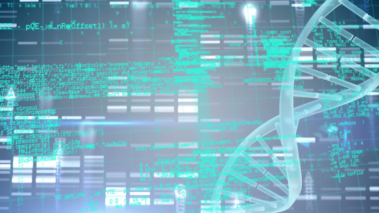 Animation of red shapes over dna strand and data processing shapes on black background