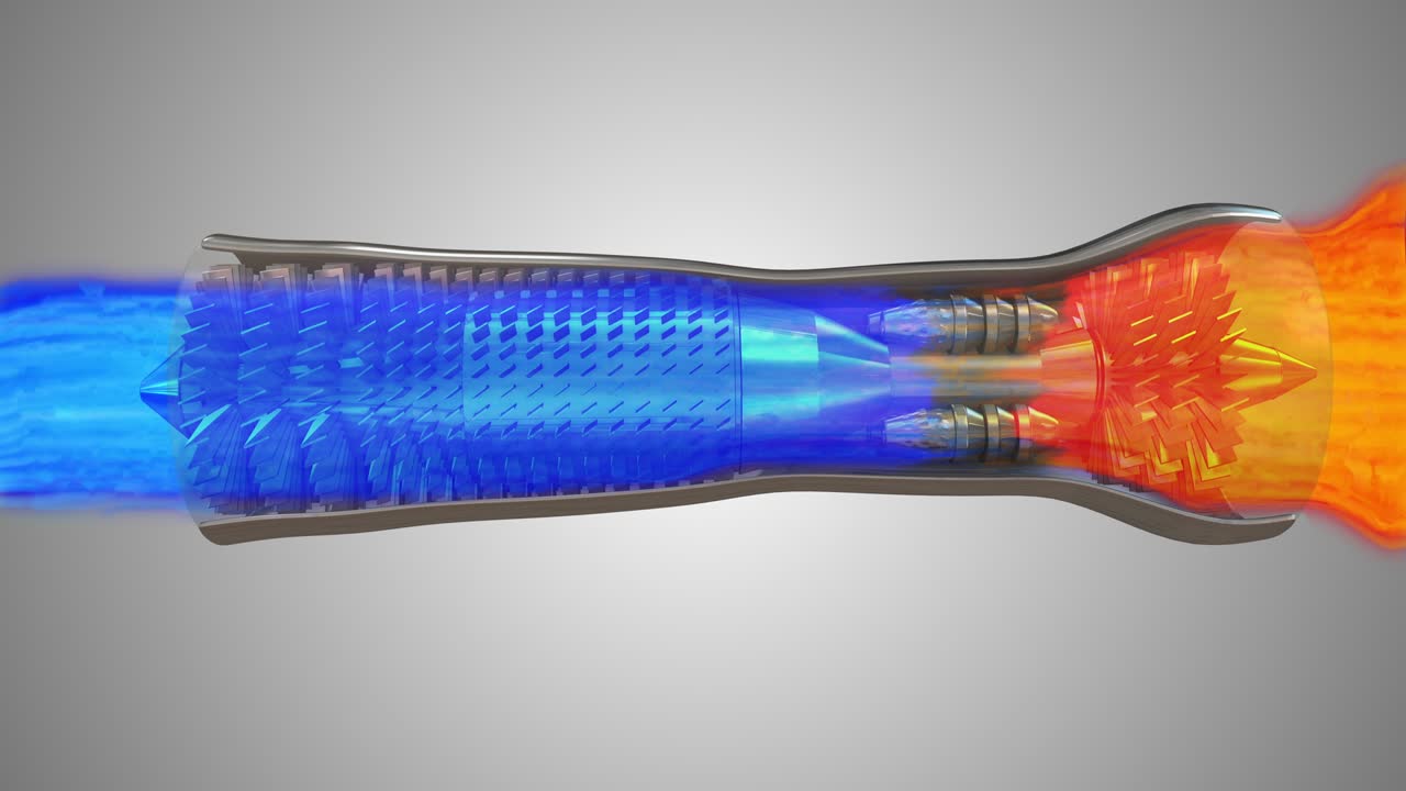 de motor de turbina de trabajo que muestra visualización de la aerodinámica y el flujo de empuje de las palas del ventilador con mapa de rampa de temperatura y flujo de partículas