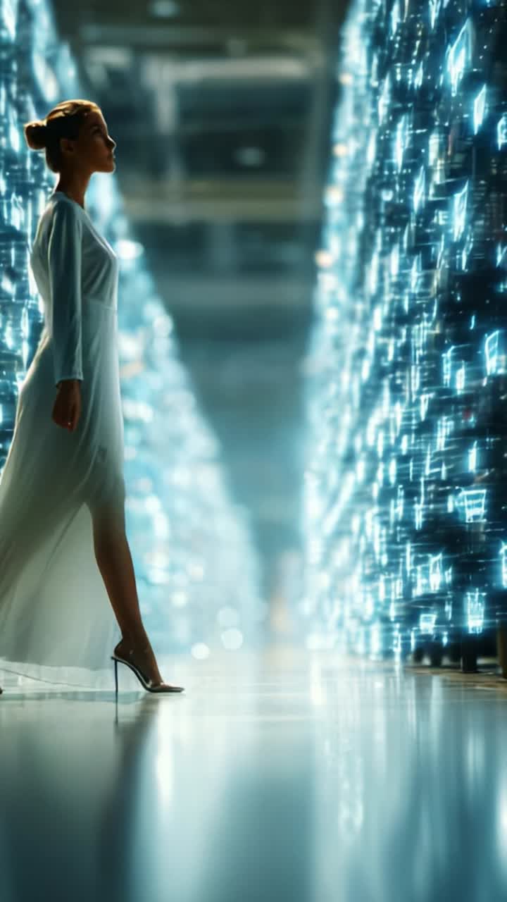 En enlig skikkelse i en hvid kjole står mellem glødende digitale skærme og skaber et fængslende visuelt udtryk af teknologi og elegance i et futuristisk miljø.
