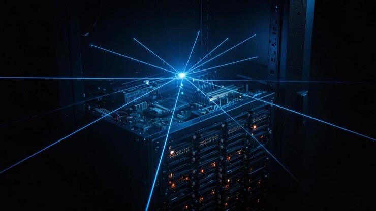 A Futuristic Server with Dynamic Blue Laser Beams Illuminating High-Tech Circuits and Components, Showcasing Advanced Computing Technology and Aesthetic Visuals in a Dark Environment