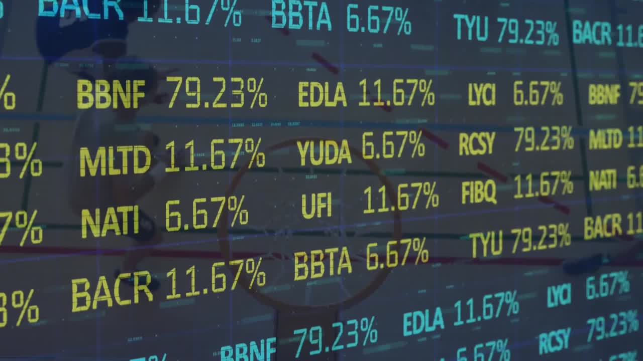 Animation of financial data processing over diverse group of male basketball players at gym