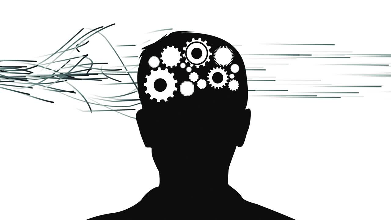 생각은 사람의 머리에 배열되어 있습니다. 검은 실루. 없이 루프.