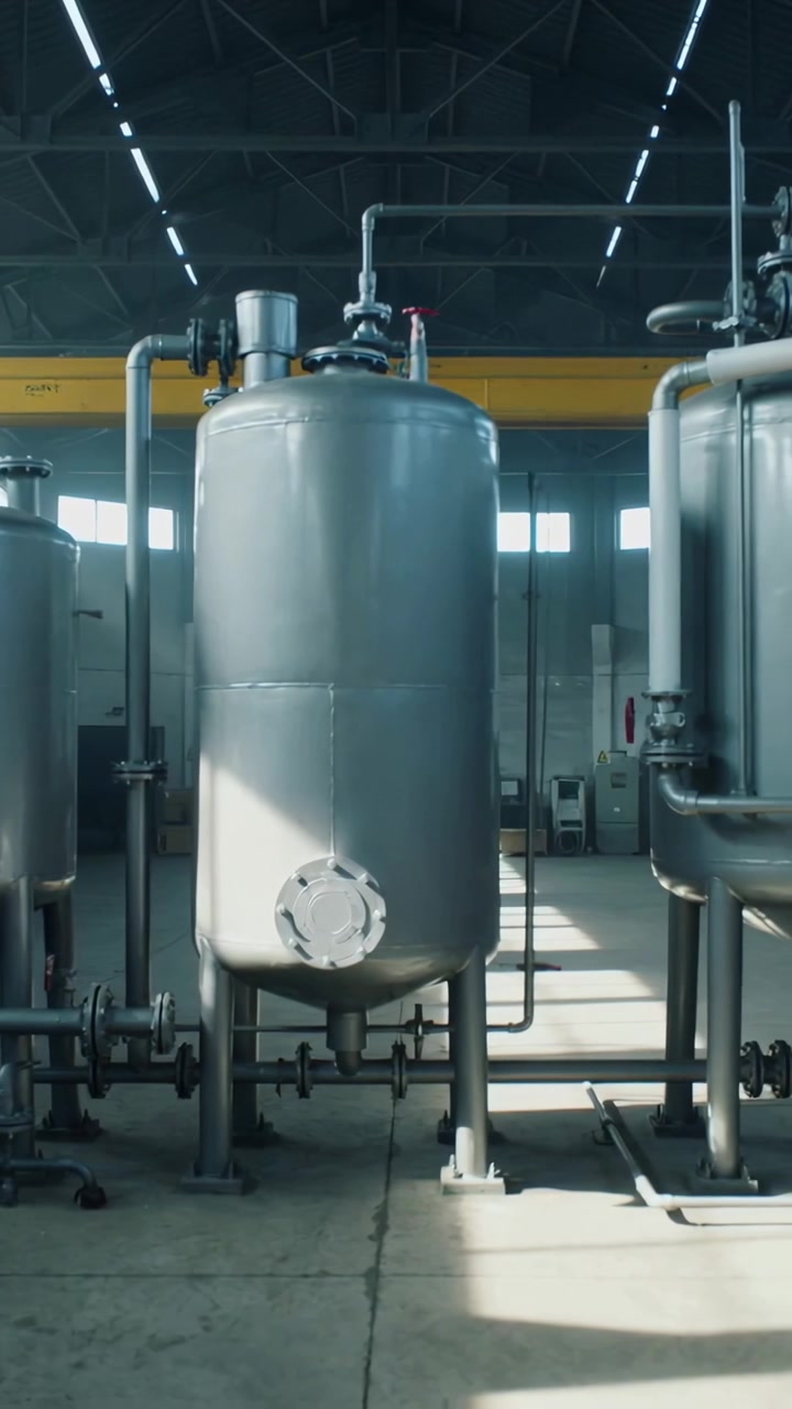 Vertical video: Drifting camera revealing center steel tank in plant, showing red valve, manway