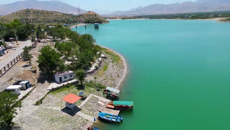 Aerial-View-of-Lake-Landscape-in-Kabul-Afghanistan,-Blue-sky