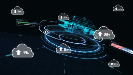 animation of clouds with growing number over digital model of house