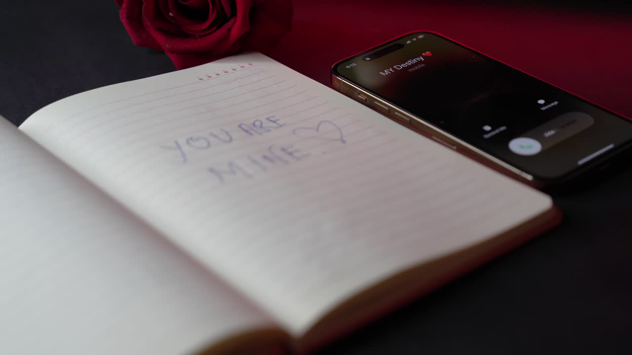 Moody close-up of a smartphone showing an incoming call beside an open notebook reading “You are mine” with a red rose on a dark surface in warm low-key indoor lighting