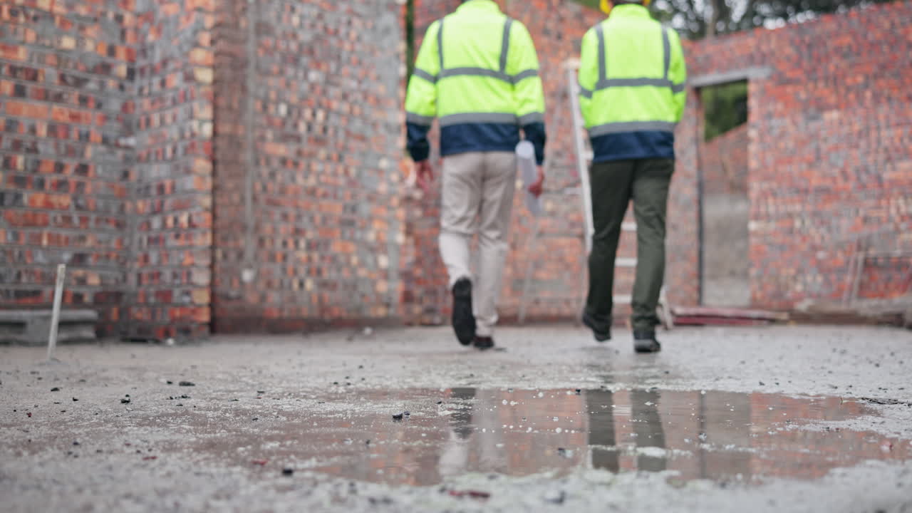 Construction workers inspecting a building site after rain