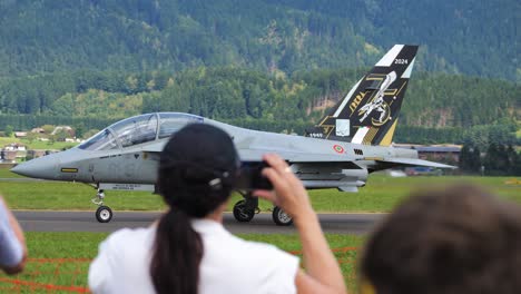 alenia aermacchi t 346 military aircraft taxis over the runway at the airpower 2024 air show