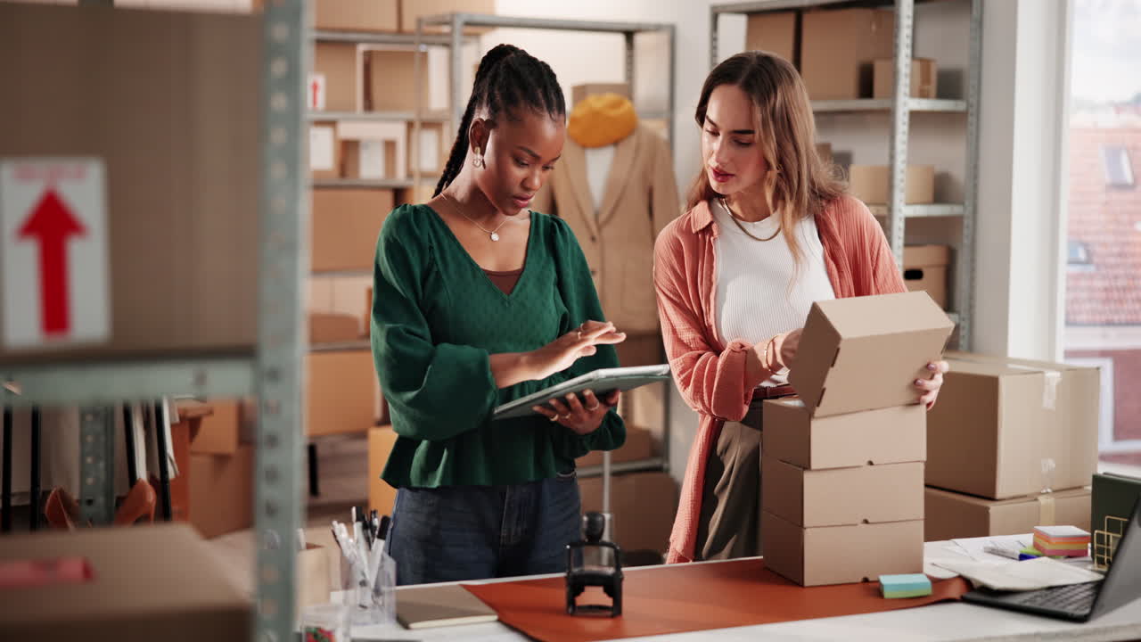 Two Diverse Women Entrepreneurs Working in Warehouse Scanning and Packing Orders