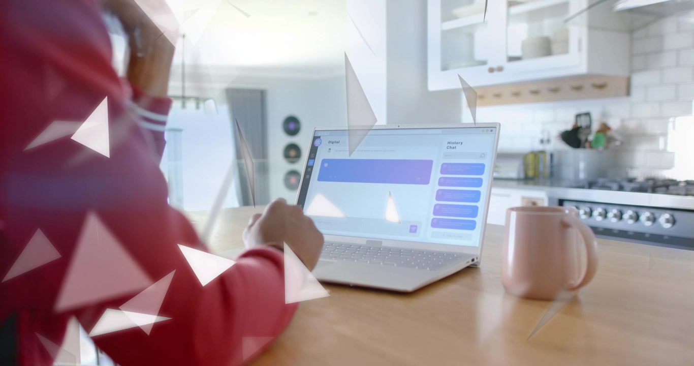 Worker typing laptop swiping trackpad activating triangles, calling and advancing tech training bar