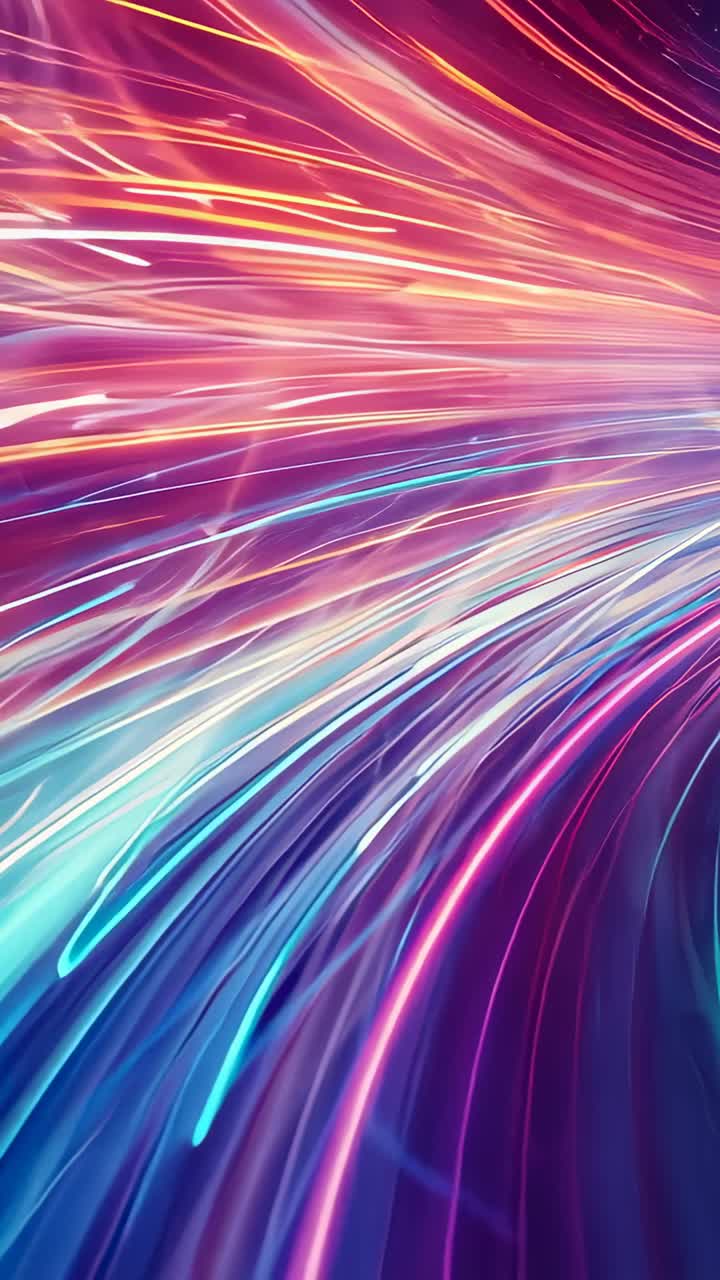Vertical video: Opening neon lines accelerating in abstract tunnel, spiraling into colorful vortex