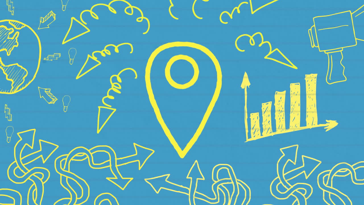 animación del icono del pin de ubicación delineado en amarillo dibujado a mano con un marcador en papel alineado en azul