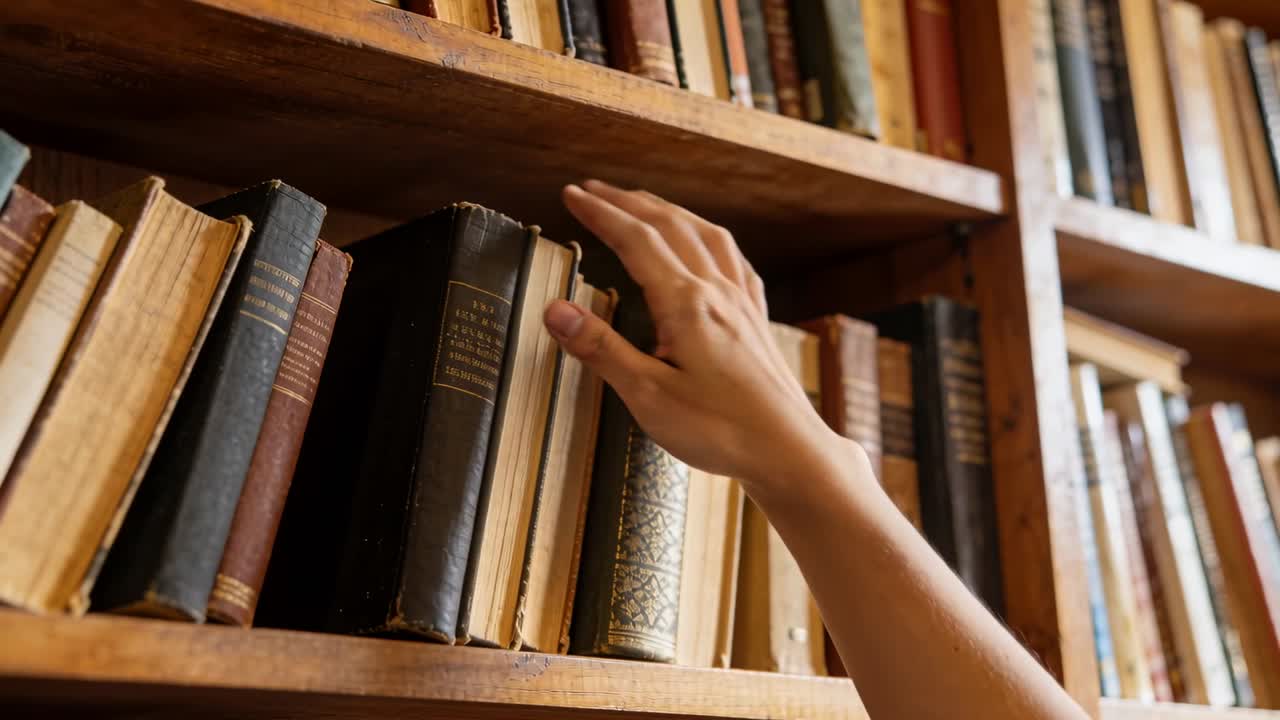 Allunga la mano destra scorrendo i dorsi, afferra e tira via un voluminoso libro scuro dalla libreria nello studio per leggerlo.