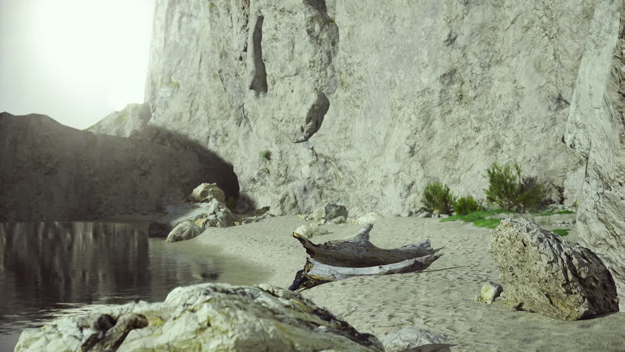 Serene coastal landscape with rocky cliffs and gentle waves at sunset