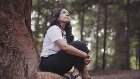 espiritual mujer española sentada en paz en el bosque de sequoia california