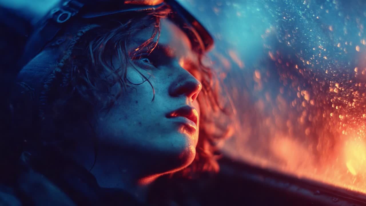 A Thoughtful Reflection: A Young Aviator Gazing Out Through Rain-Splattered Glass, Contemplating Adventure and Aeronautical Dreams Amidst a Drenched Atmosphere