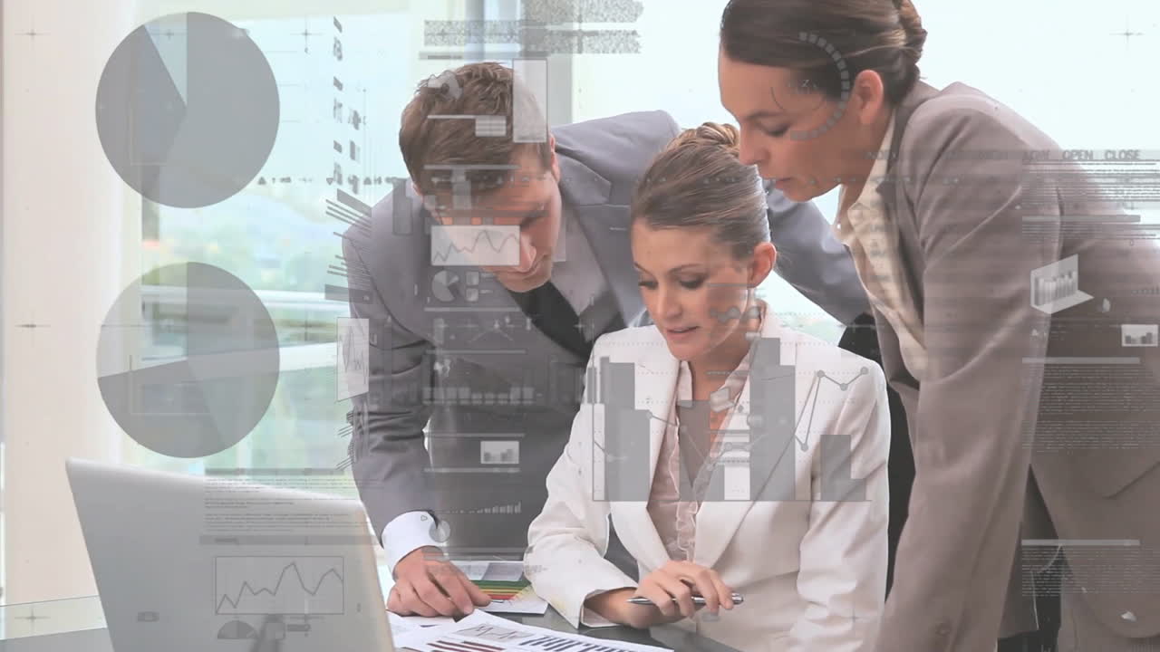 Analyzing charts, business professionals with data processing animation in office setting