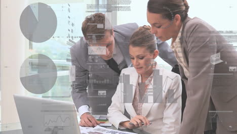 analyzing charts, business professionals with data processing animation in office setting