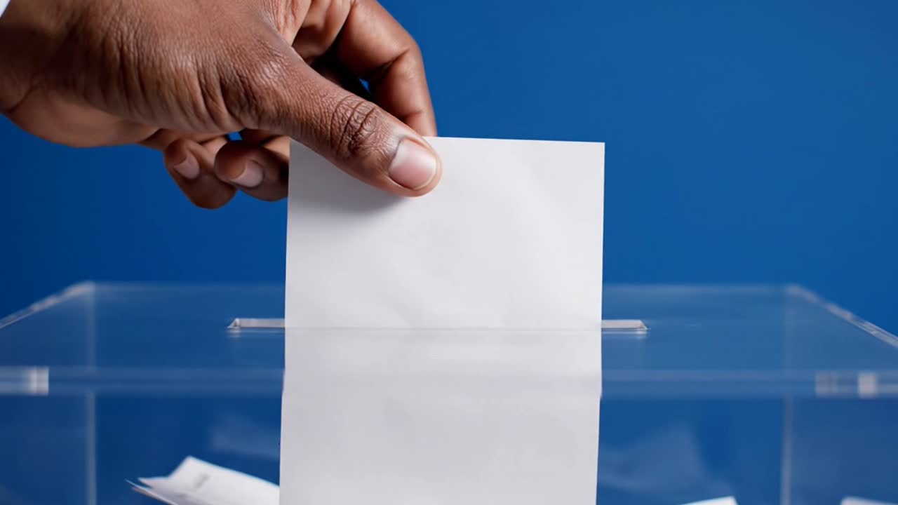 Person casting vote into clear ballot box