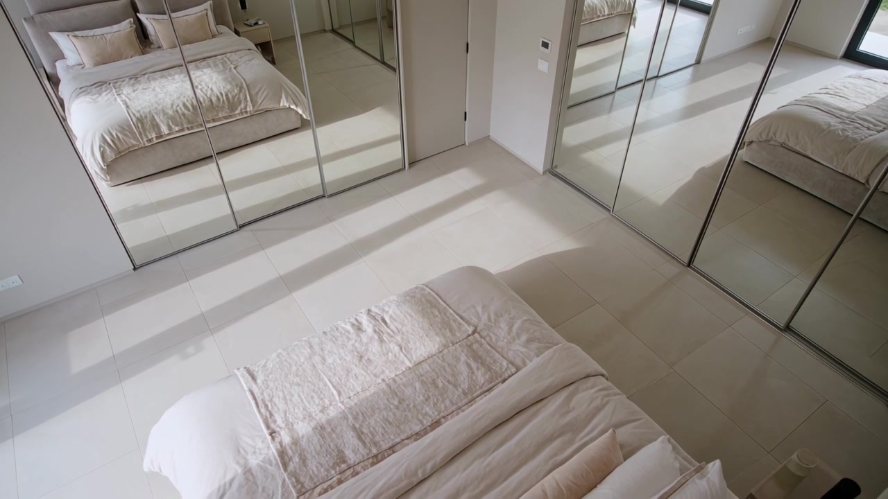Luce solare che si sposta sul pavimento della camera da letto dal vetro, riflettendo il letto negli specchi, scandendo il tempo