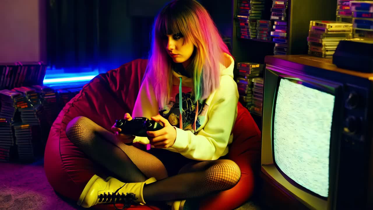 joven jugando en una habitación de estilo retro