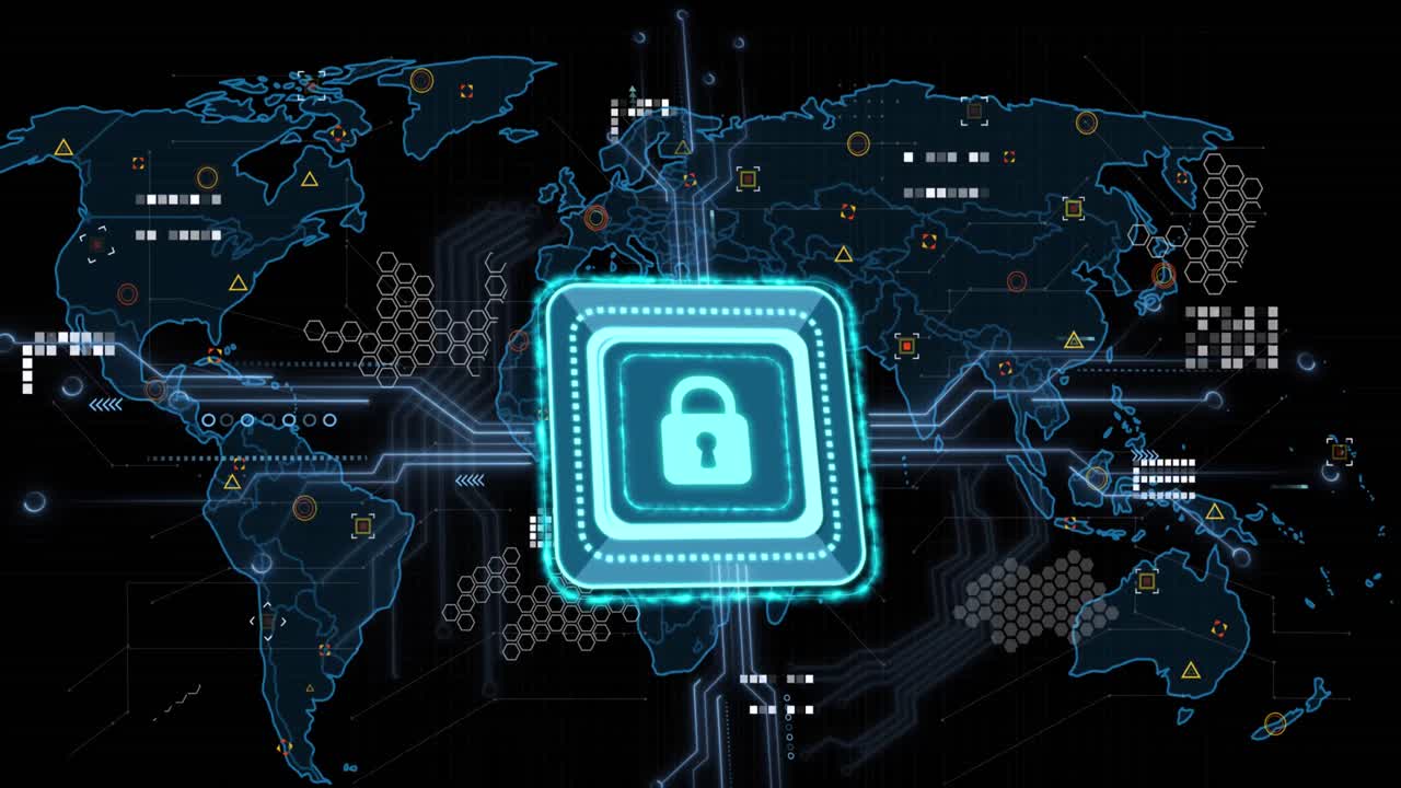 animación del candado de seguridad en línea, marcadores y procesamiento de datos sobre el mapa del mundo