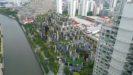 aerial establishing shot of the 1000 trees shopping mall in downtown shanghai