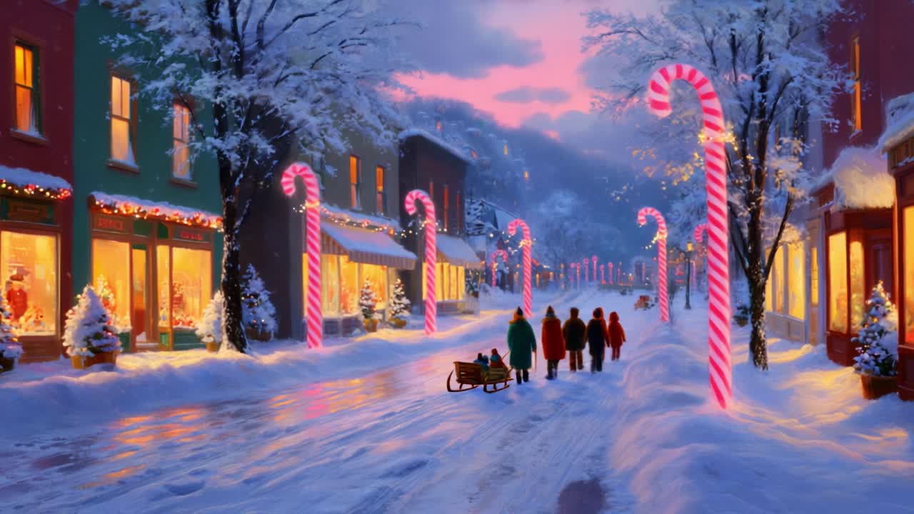 A Magical Winter Scene with Candy Cane Lamp Posts Illuminating a Snow-Covered Street, Framed by Cozy Shops and Families Enjoying the Festive Atmosphere During the Holiday Season at Dusk