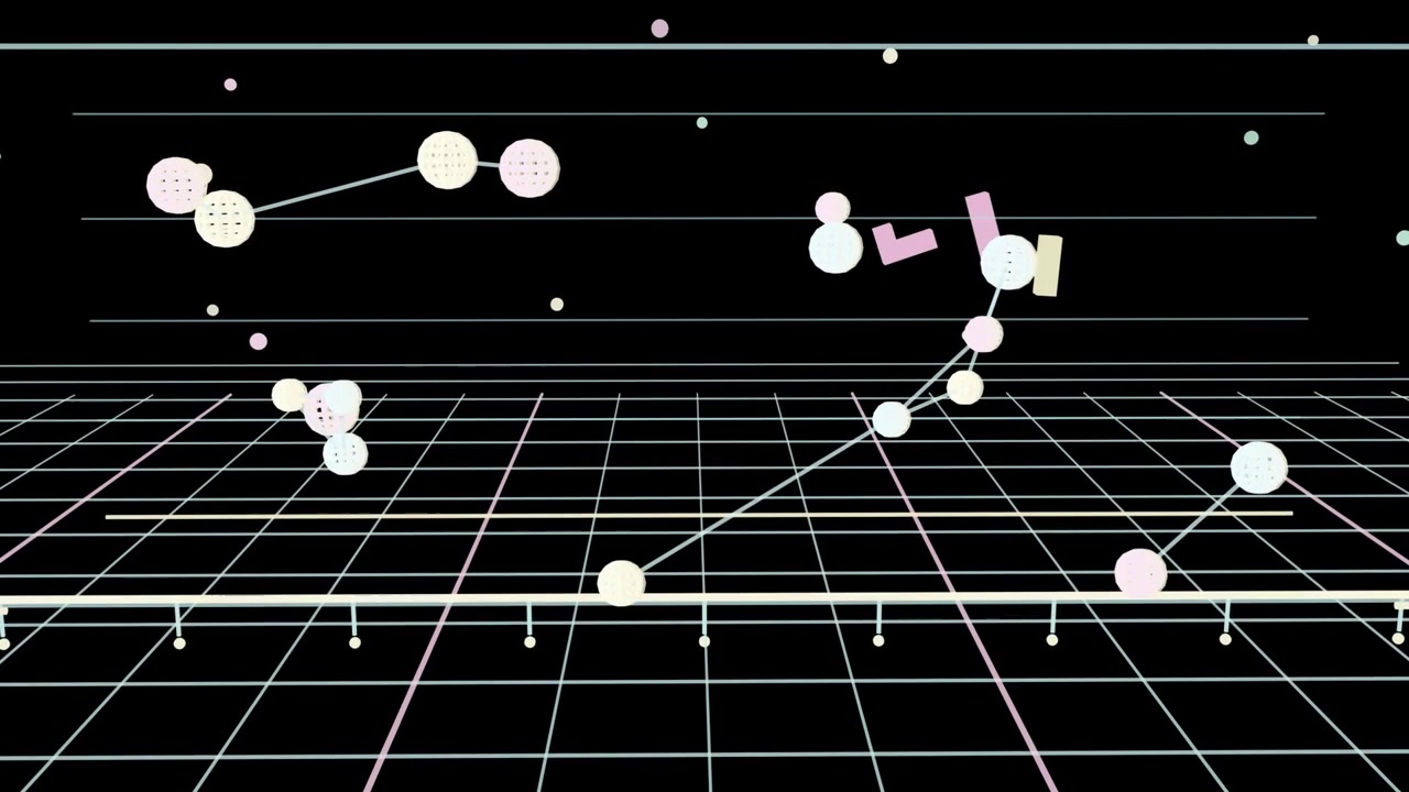 Pastel nodes appearing, linking; anchor sending diagonal arc climbing on grid, forming clusters