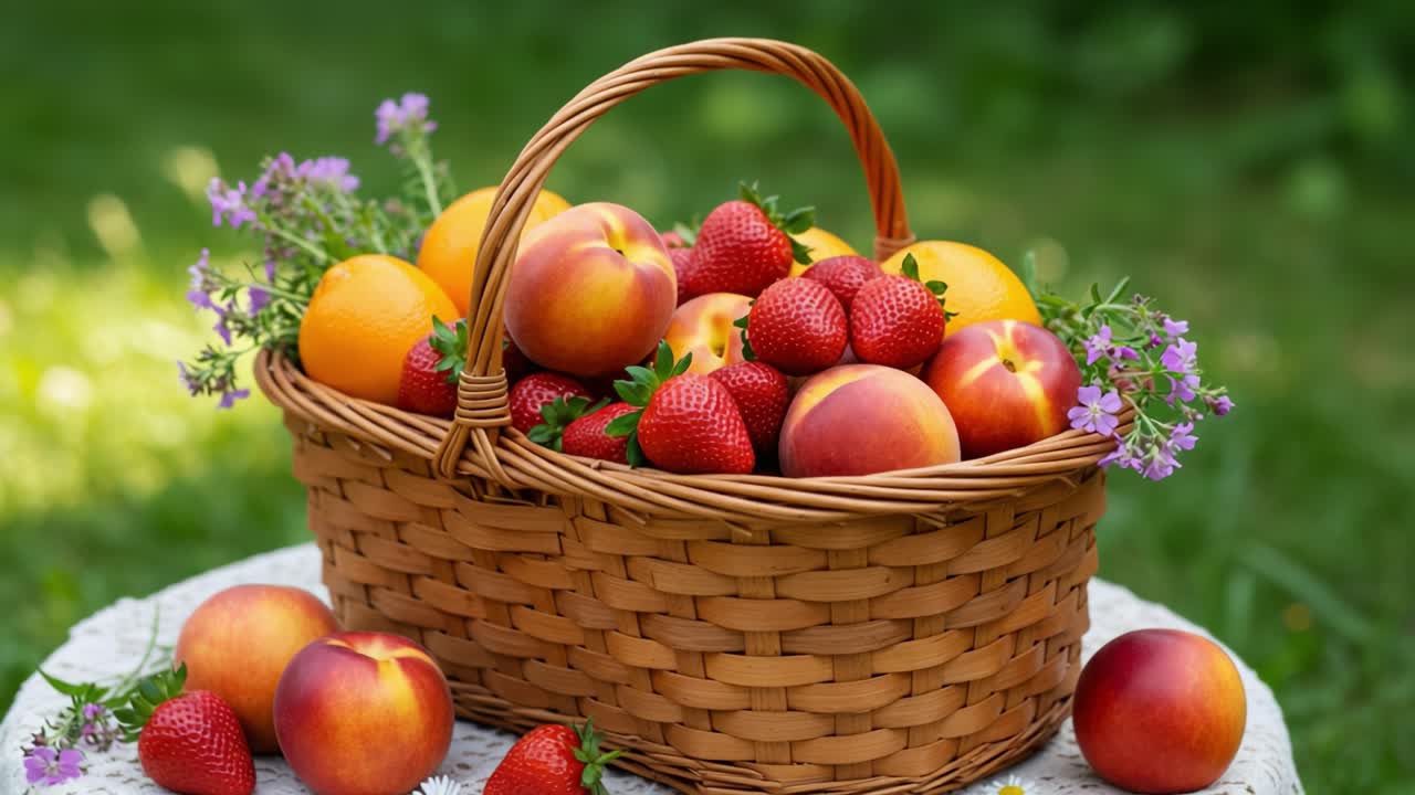 Un cesto vivace pieno di frutta fresca: pesche, fragole, arance e fiori delicati, su uno sfondo lussureggiante di giardino verde