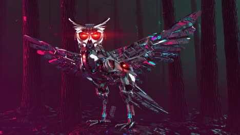 Robotic Owl with Glowing Eyes in a Dark Forest