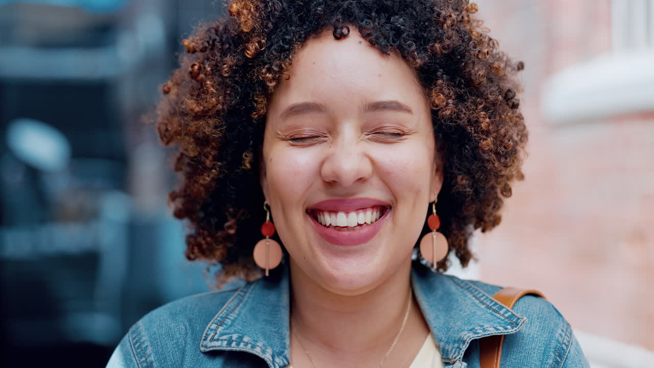 Woman, laughing and face and fashion afro