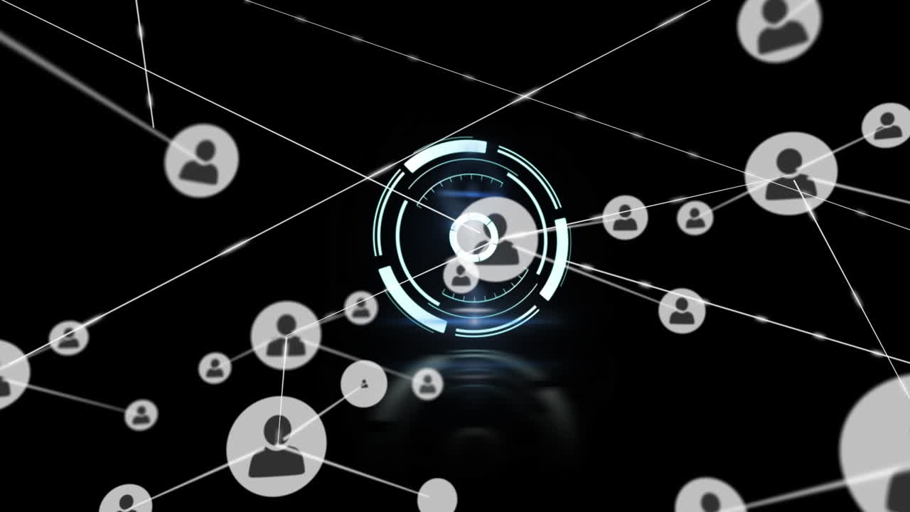 animación de cerradura de caja fuerte giratoria con iconos de red de personas conectadas en fondo negro
