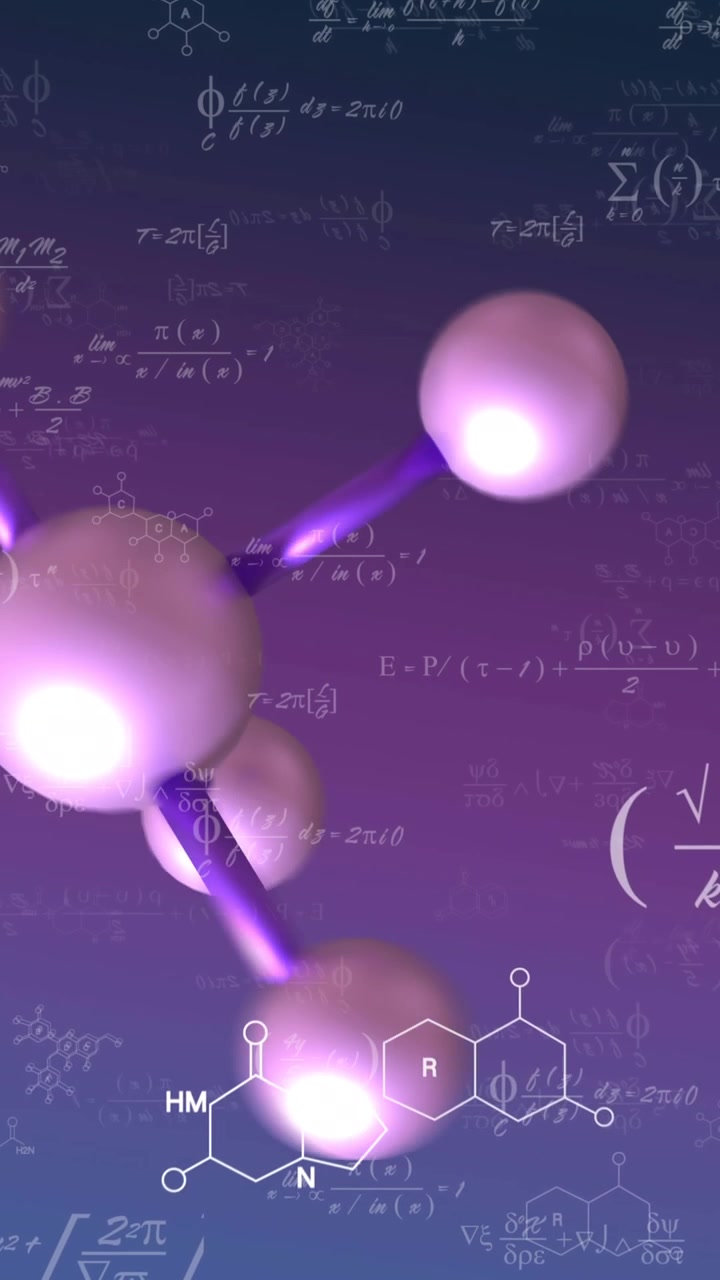 Animation of macro of molecules and mathematical data processing on purple background