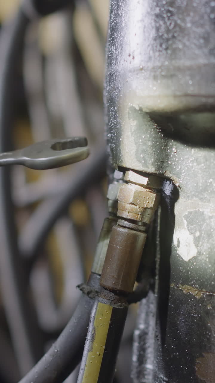 Hands of worker in protective gloves tightening nut with wrench. Specialist uses tools to prepare machinery equipment for drilling rock closeup