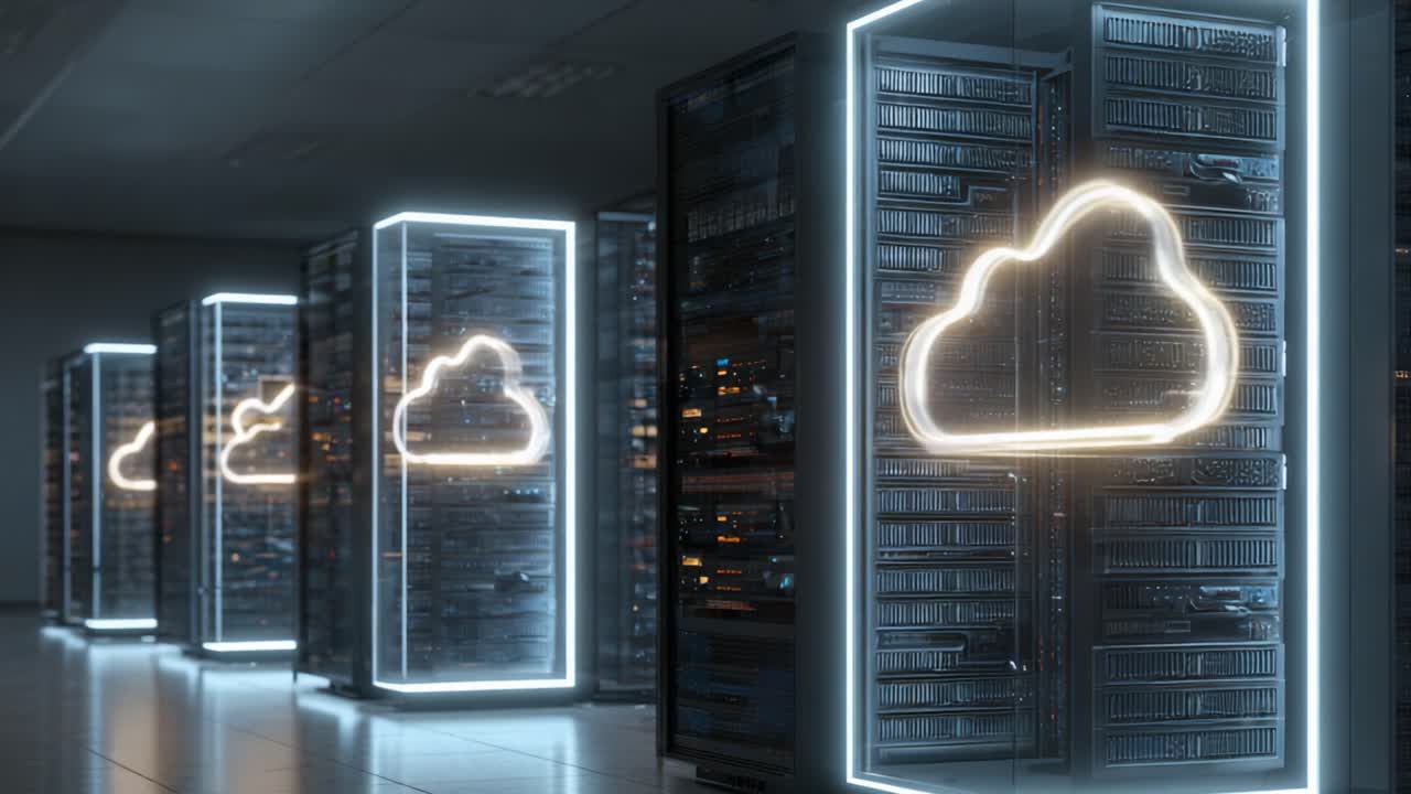 Højteknologisk datacenter med oplyste skysymboler på serverreoler, der repræsenterer moderne cloud computing-infrastruktur og digitale lagringsløsninger.
