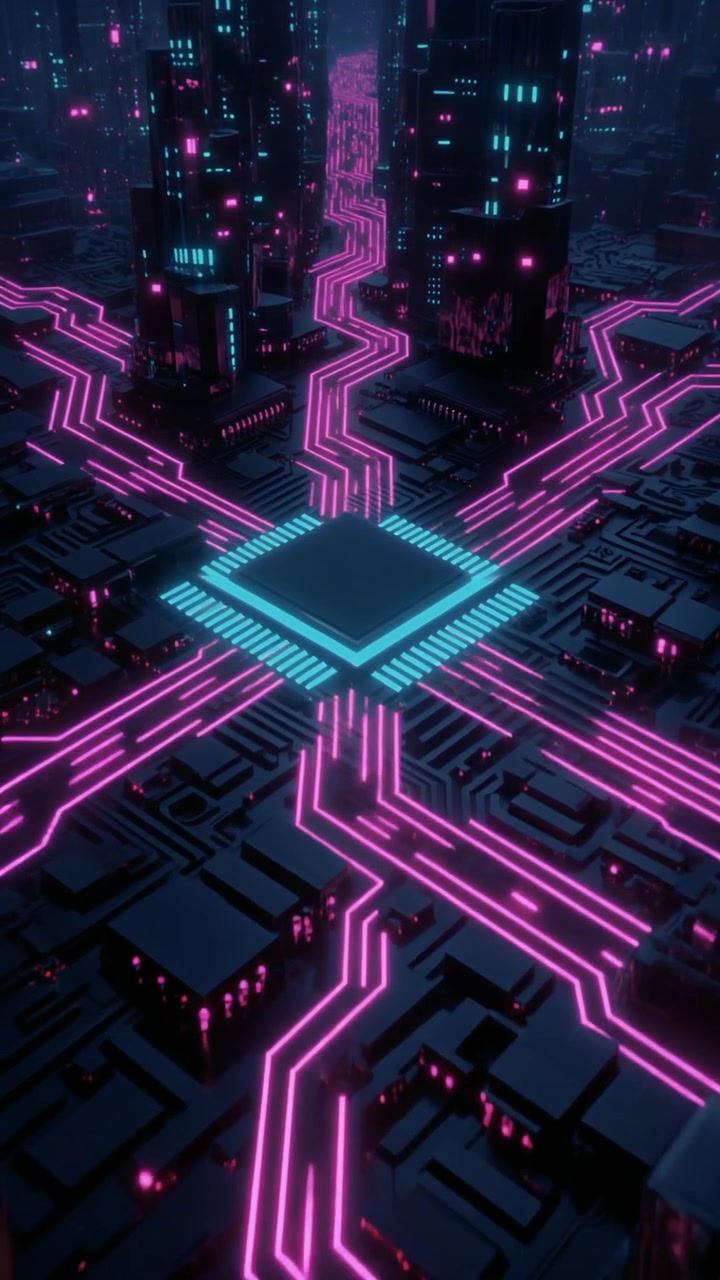 Futuristic Cyberpunk Cityscape with Glowing Circuit Board Infrastructure