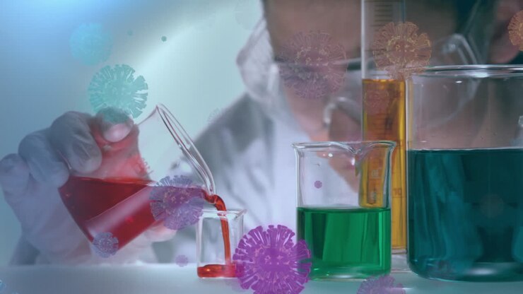 Animation shows Covid-19 cells and scientist in pandemic study.
