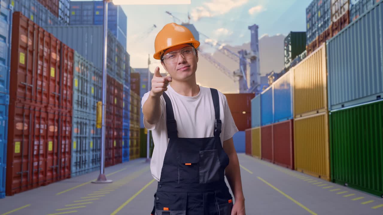 Asian Man Worker Wearing Goggles And Safety Helmet Smiling And Touching His Chest Then Pointing At You While Standing At Container Yard Warehouse
