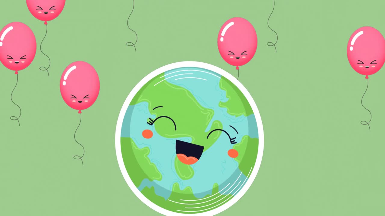 Animation of balloons and happy globe on green background