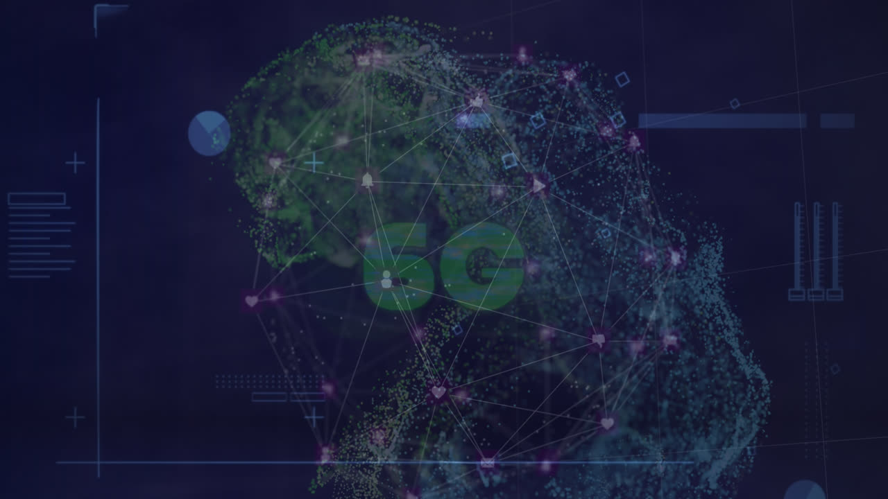 Animation of network of connections over 6g text on dark background